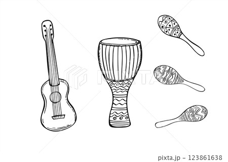 Djembe drum, guitar and mix ornate maraca shakers line art black ink sketch. Traditional Latin and Caribbean music percussion and string instruments for Mardi Gras, Mexican festivals greeting card. 123861638