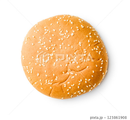 Empty burger bun with sesame seeds isolated on white background. 123861908