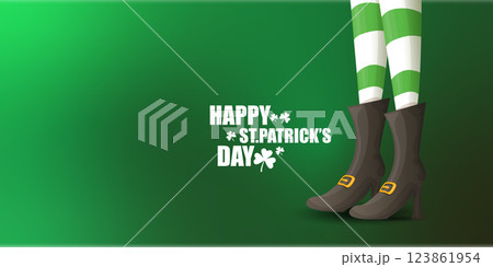 Saint Patricks day horizontal banner with leprechaun girls legs with green striped stocking on dark green modern gradient background with clovers. Saint Patrick day banner, poster design template 123861954