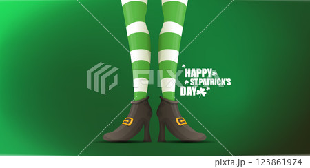 Saint Patricks day horizontal banner with leprechaun girls legs with green striped stocking on dark green modern gradient background with clovers. Saint Patrick day banner, poster design template 123861974