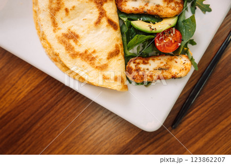 Breakfast Tortilla with Fried Tofu Cheese 123862207