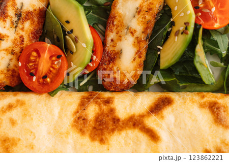 Breakfast Tortilla with Fried Tofu Cheese 123862221