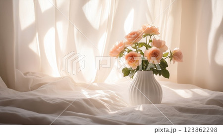 Minimalist still life of a white ceramic vase 123862298