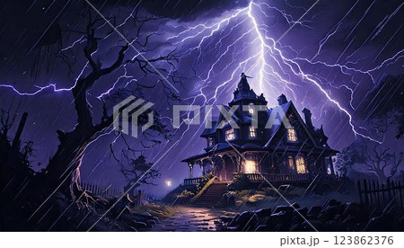 RPGの世界に佇む怪しく明かりが灯る不気味な家 123862376