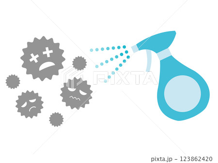 ギザギザのバイ菌をスプレーで除菌するイメージイラスト 123862420