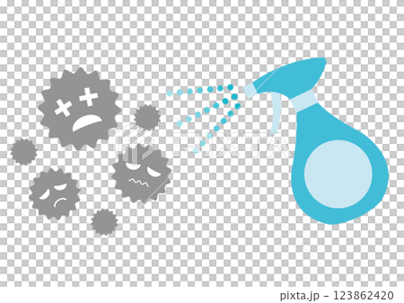 ギザギザのバイ菌をスプレーで除菌するイメージイラスト 123862420