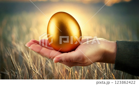 金の卵を持つ手（AI生成画像） 123862422