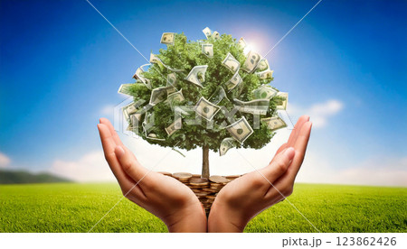 お金のなる木を持つ手（AI生成画像） 123862426