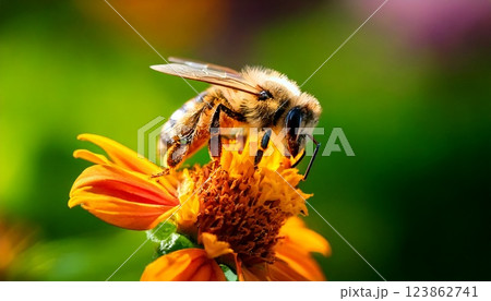 蜜を吸うミツバチのマクロ撮影、美しい自然の瞬間 123862741