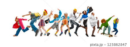 Vibrant mix of athletes, professionals, artists, and everyday people mid-motion, embodying enthusiasm, energy, and diverse human expression 123862847