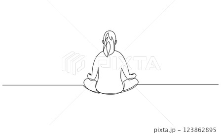 One line young meditating woman in lotus yoga pose, rear view design silhouette. Hand drawn minimalism style vector illustration, editable stroke. One line young meditating woman in lotus yoga pose, rear view design silhouette. Hand drawn minimalism style vector illustration, editable stroke. 123862895