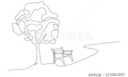 Wooden bench on a path in park continuous line drawing. Single line drawn place to relax in nature. One line art tranquility concept. Vector illustration. Wooden bench on a path in park continuous line drawing. Single line drawn place to relax in nature. One line art tranquility concept. Vector illustration. 123862897