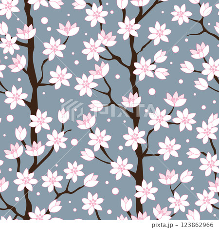 Magnolia or cherry blossom flowers on grey. Romantic spring background. Vector illustration Magnolia or cherry blossom flowers on grey. Romantic spring background. Vector illustration 123862966