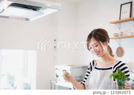 キッチンで料理をするエプロン姿の女性 キッチンで料理をするエプロン姿の女性 123863073