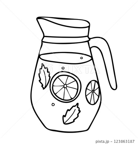 Lemonade Jug. Summer refreshment beverage with Lemon and mint. Hand drawn vector illustration in Doodle style isolated on a background. For restaurant menus and graphic design projects. Lemonade Jug. Summer refreshment beverage with Lemon and mint. Hand drawn vector illustration in Doodle style isolated on a background. For restaurant menus and graphic design projects. 123863187