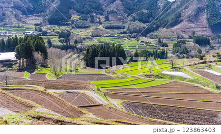 春日和に映える田園風景「世界農業遺産　高千穂郷・椎葉山地域」宮崎県高千穂町 123863403