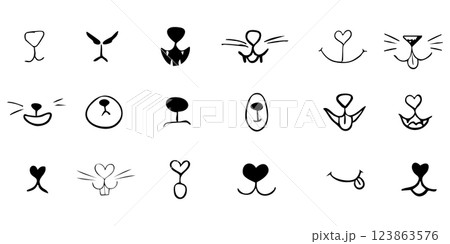 Pet mouth comic cute line doodle drawing. Set lips, noses and whiskers animal characters. Funny heart nose, hand drawn faces. Pet mouth comic cute line doodle drawing. Set lips, noses and whiskers animal characters. Funny heart nose, hand drawn faces. 123863576