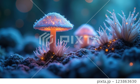 Illuminated mushrooms in mystical forest with delicate fantasy vibes 123863630