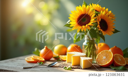 Bright still life with sunflowers and oranges 123863631