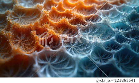 Intricate patterns of coral reef structures in vibrant orange and blue colors under light 123863641