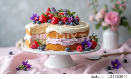 Beautifully decorated cake with fresh fruits on a pastel table setting 123863643