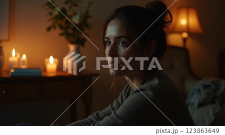 Woman sits in dimly lit room with candles,...のイラスト素材 [123863649] - PIXTA