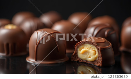 Delicious chocolate truffles showcasing a creamy center on a dark background 123863689