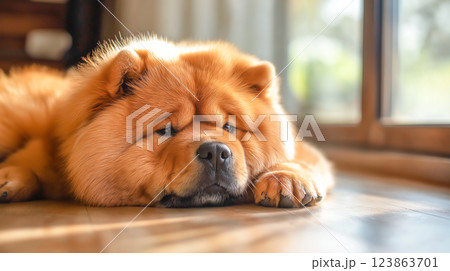 Charming chow chow dog relaxing in a sunlit indoor space during a peaceful afternoon 123863701