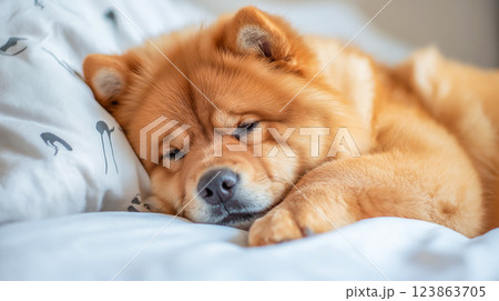 Relaxing chow chow dog peacefully sleeping on a soft bed in a cozy room 123863705