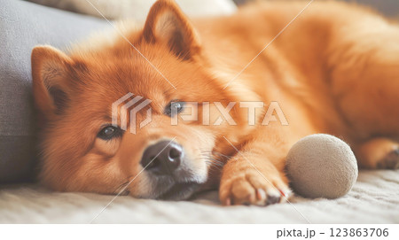 Dog relaxing on a couch with a ball nearby in a cozy living room 123863706