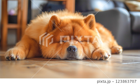 Sleepy chow chow dog resting comfortably on wooden floor in cozy living room 123863707