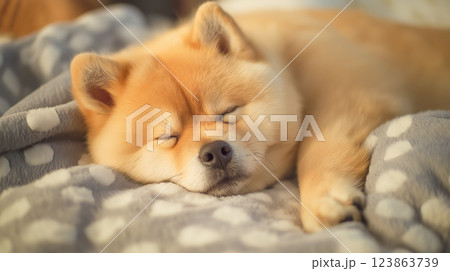 Pomeranian dog peacefully sleeping on a cozy blanket 123863739