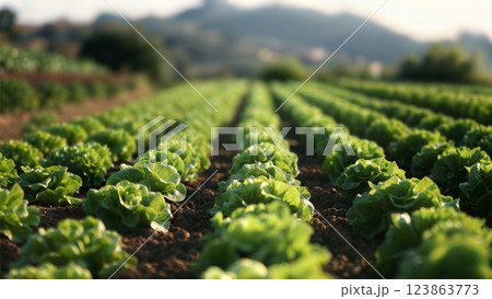 Lush green lettuce field at sunrise with golden light and natural beauty 123863773