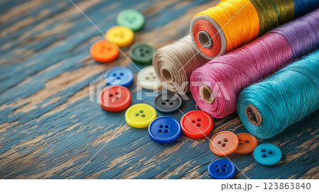 Colorful spools of thread and buttons arranged on a rustic wood surface for sewing and crafting activities 123863840