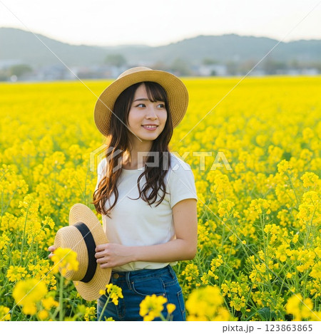 菜の花畑の中に立つ女性 123863865