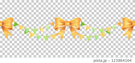 Yellow bow with garland. Seamless horizontal border with ribbon. Watercolor and marker illustration. Hand drawn isolated art. St. Patricks Day hanging flags. For decor design, background, prints. Yellow bow with garland. Seamless horizontal border with ribbon. Watercolor and marker illustration. Hand drawn isolated art. St. Patricks Day hanging flags. For decor design, background, prints. 123864104