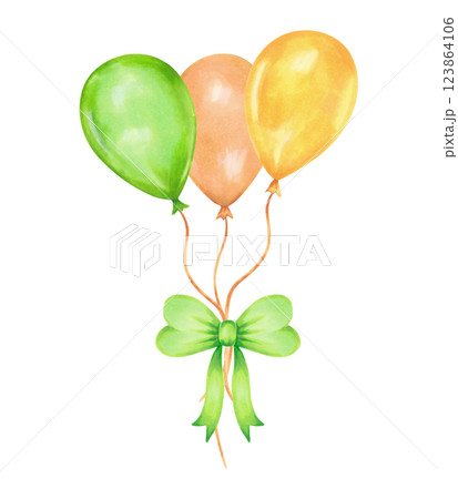 Balloons tied together with a green ribbon bow. Watercolor and marker illustration. Hand drawn isolated art. For St. Patricks Day party, birthday, children's party, congratulations. Balloons tied together with a green ribbon bow. Watercolor and marker illustration. Hand drawn isolated art. For St. Patricks Day party, birthday, children's party, congratulations. 123864106
