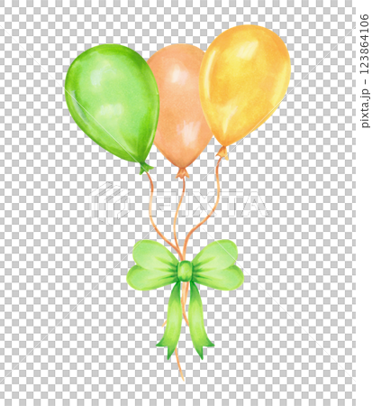 Balloons tied together with a green ribbon bow. Watercolor and marker illustration. Hand drawn isolated art. For St. Patricks Day party, birthday, children's party, congratulations. Balloons tied together with a green ribbon bow. Watercolor and marker illustration. Hand drawn isolated art. For St. Patricks Day party, birthday, children's party, congratulations. 123864106
