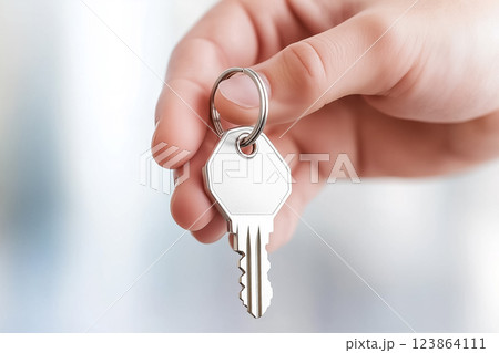 A hand presents a gleaming key enhanced by a vibrant keychain, symbolizing new beginnings in a bustling environment. 123864111