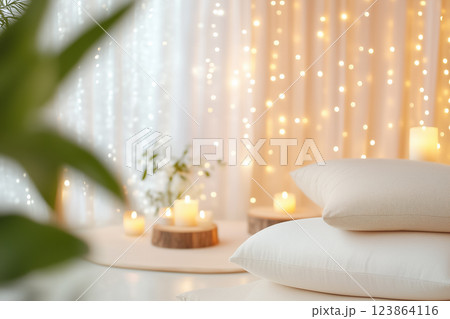 Soft cushions and glowing candles create a serene meditation corner, perfect for relaxation and mindfulness practice. 123864116
