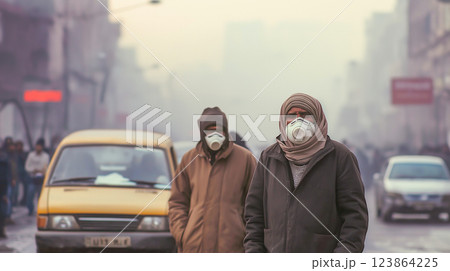 People wearing masks walk through a polluted street in a city shrouded in fog during a chilly morning 123864225