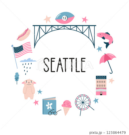 Colorful emblem, design with Seattle landmarks and symbols 123864479
