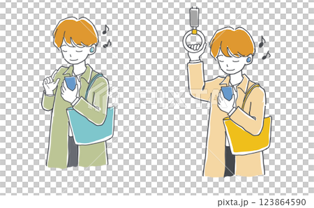 ワイヤレスイヤホンで音楽を聴く通勤中の男性イラストセット 123864590