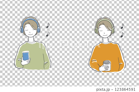 ヘッドホンで音楽を聴く男性のイラストセット 123864591