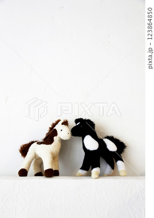 白い背景度撮ったペアの馬のぬいぐるみ 白い背景度撮ったペアの馬のぬいぐるみ 123864850