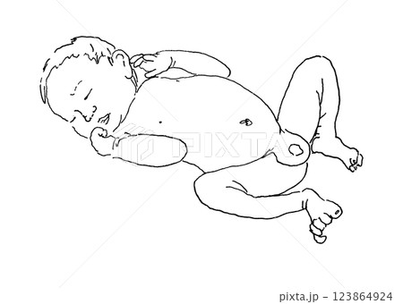 寝ているあかちゃんの手描き線画イラスト 寝ているあかちゃんの手描き線画イラスト 123864924