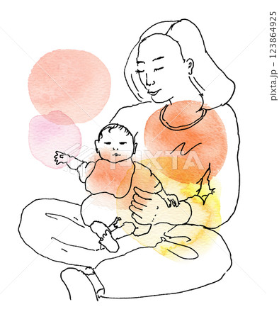 おかあさんとあかちゃんの手描き水彩イラスト 123864925