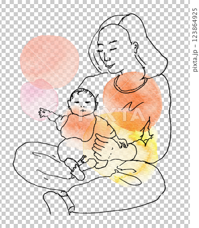 おかあさんとあかちゃんの手描き水彩イラスト 123864925