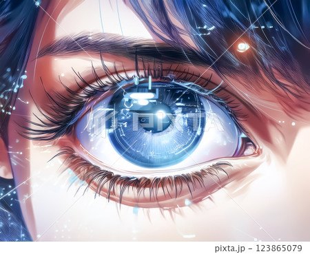 ホログラフィックディスプレイと瞳のアップのイラスト素材 123865079