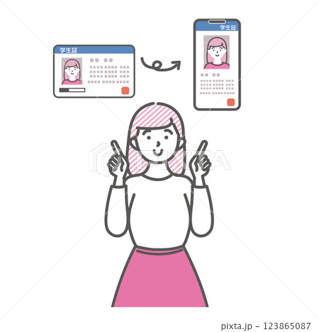 学生証のアプリ化について説明する女子大学生のイラスト 学生証のアプリ化について説明する女子大学生のイラスト 123865087
